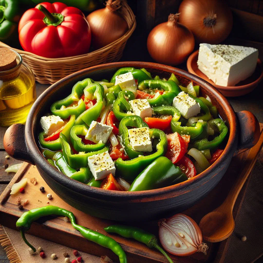 Baked Albanian peppers with crumbled feta and fresh herbs in a rustic dish