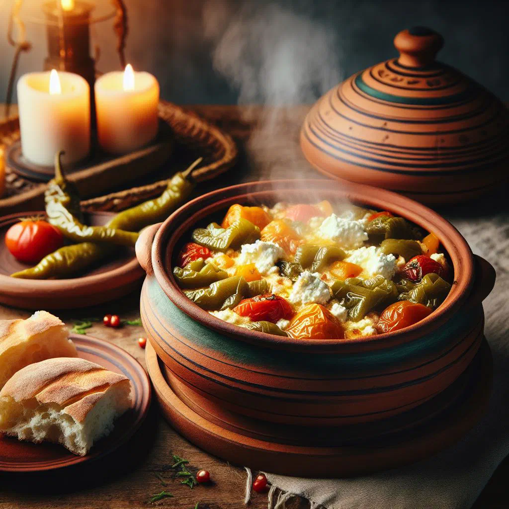 Baked Albanian fërgesë of peppers, tomatoes and cheese garnished with parsley