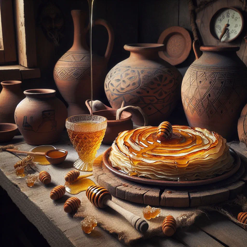 Golden layered Albanian fli flatbread served with yoghurt