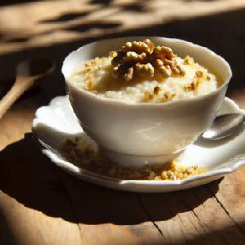 Creamy semolina halva topped with chopped walnuts and a drizzle of honey