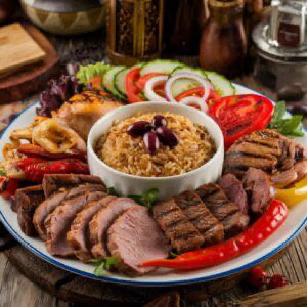 Albanian jani me arome stew with tender meat, tomatoes and fresh herbs