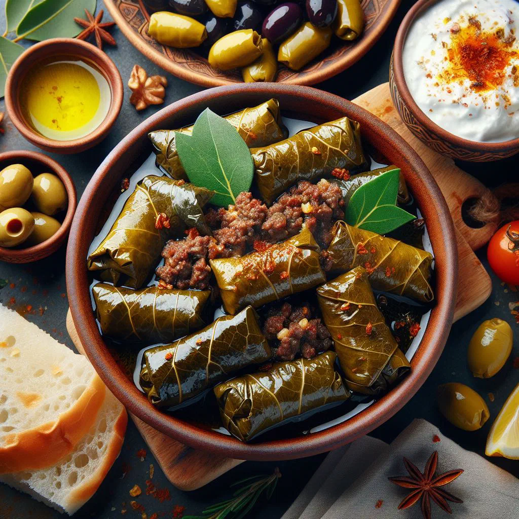 Albanian japrak me mish, rolled stuffed vine leaves garnished with fresh herbs