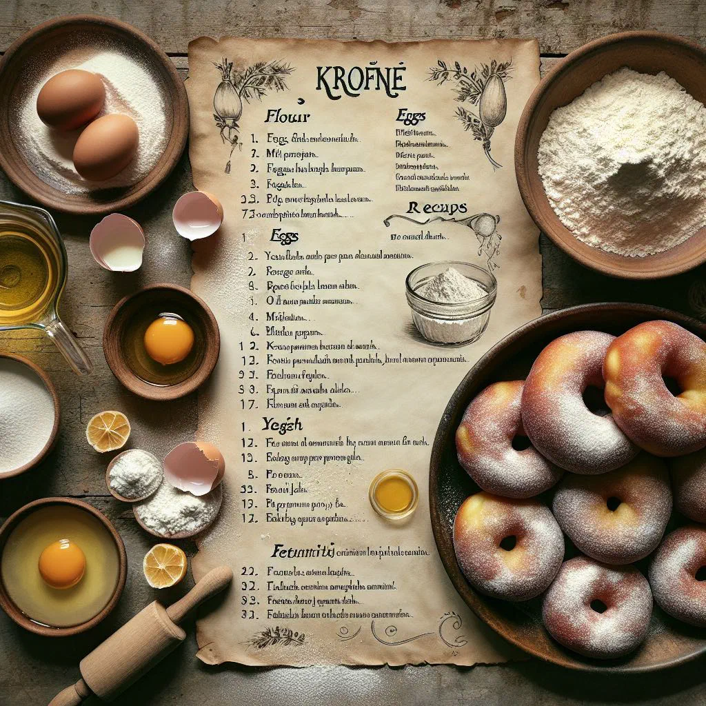 Golden fried Albanian krofne dusted with icing sugar