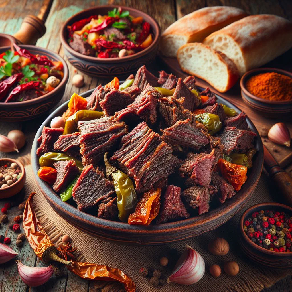 Sliced Albanian dried cured meat on a rustic wooden board