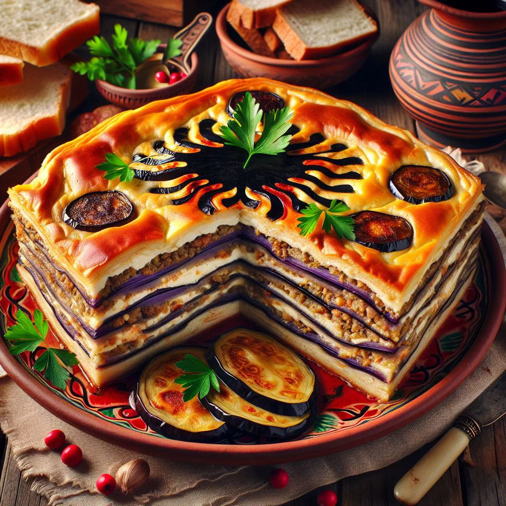 Layered Albanian musaka with aubergine, potato and golden béchamel topping