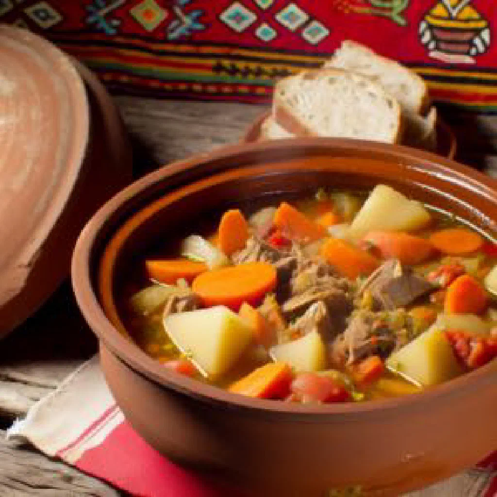 Hearty Albanian Nënës stew with meat, potatoes and vegetables in a rustic pot