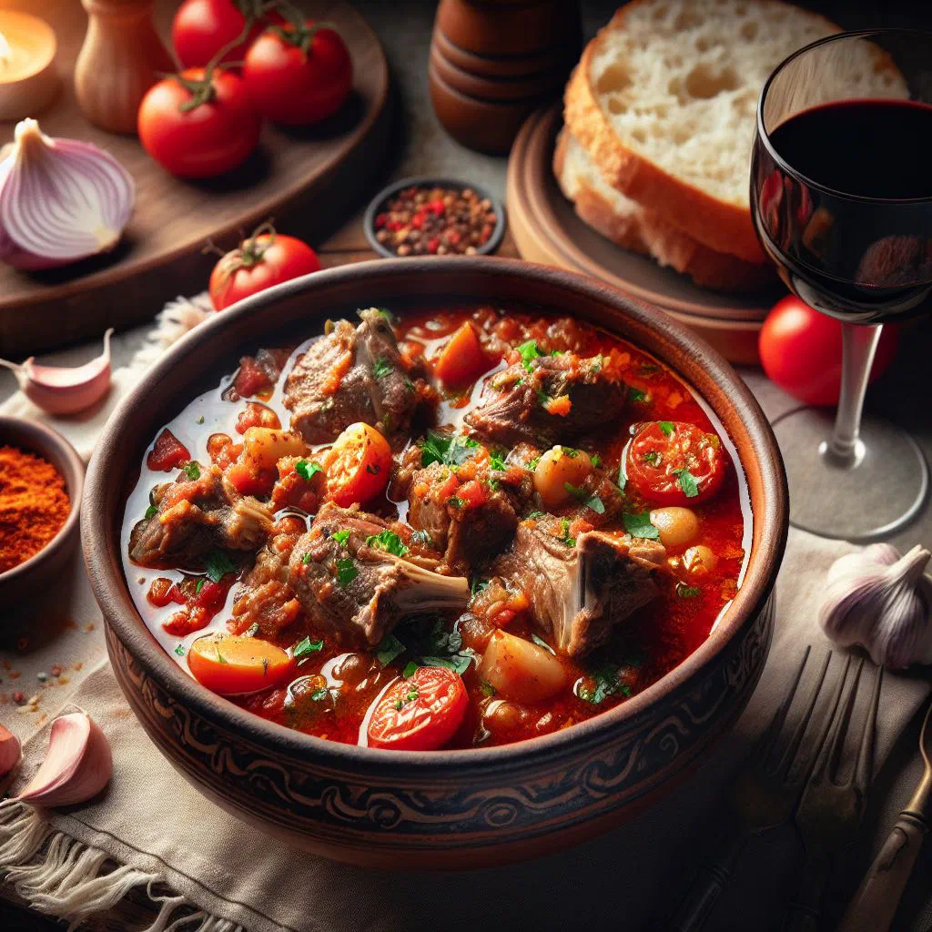 A steaming bowl of Albanian pace meat soup garnished with fresh herbs