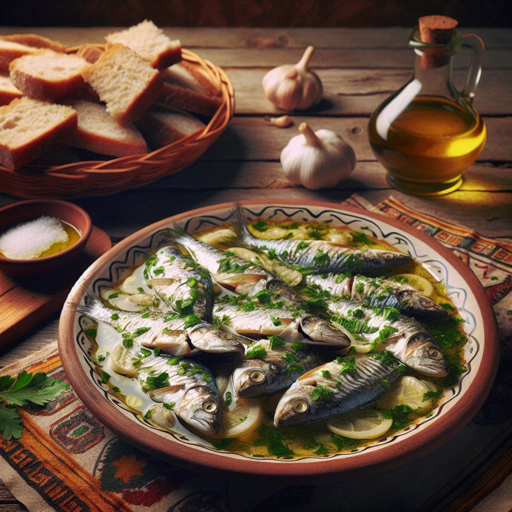 Whole pan-fried fish garnished with lemon slices and fresh parsley