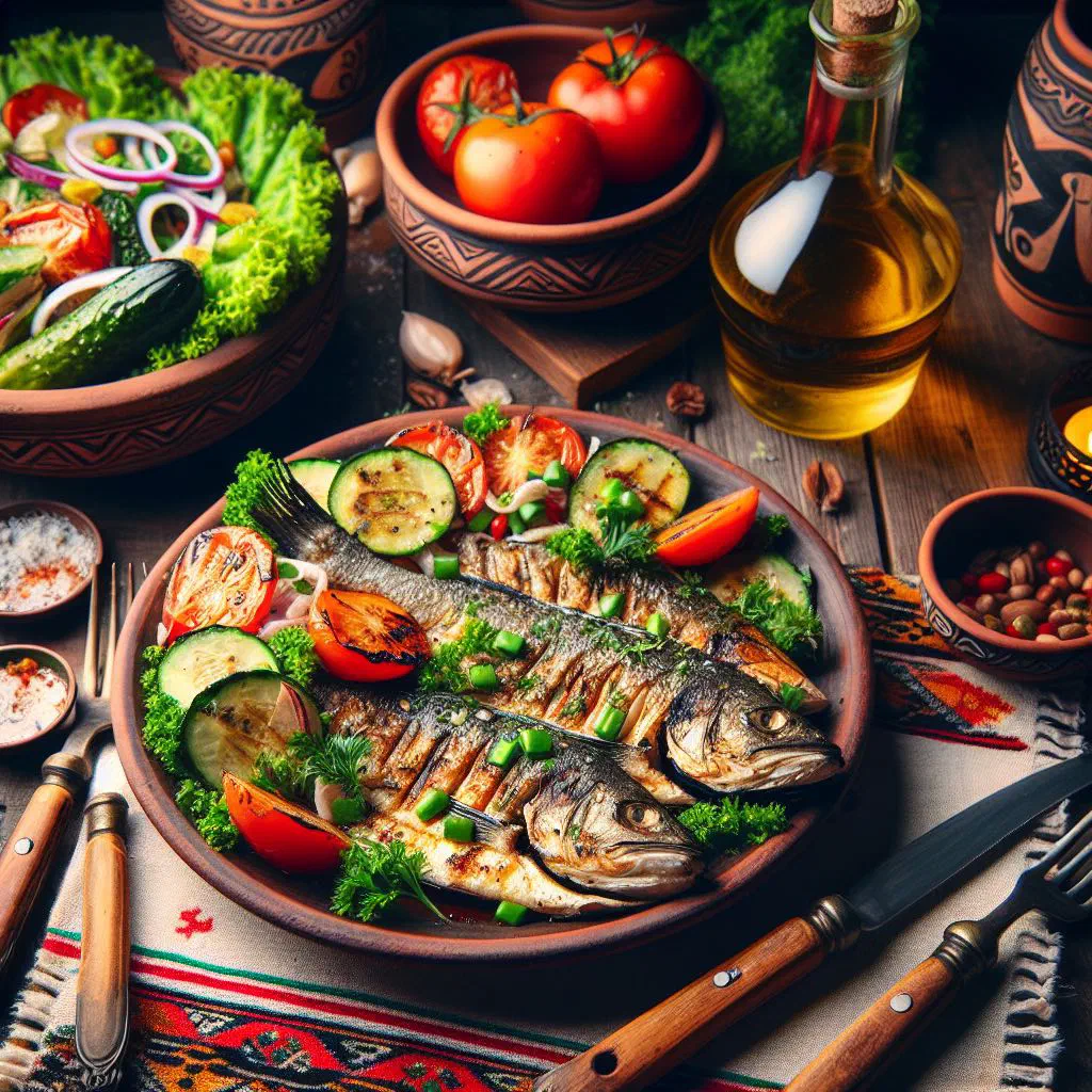 Whole grilled fish garnished with fresh herbs and lemon slices