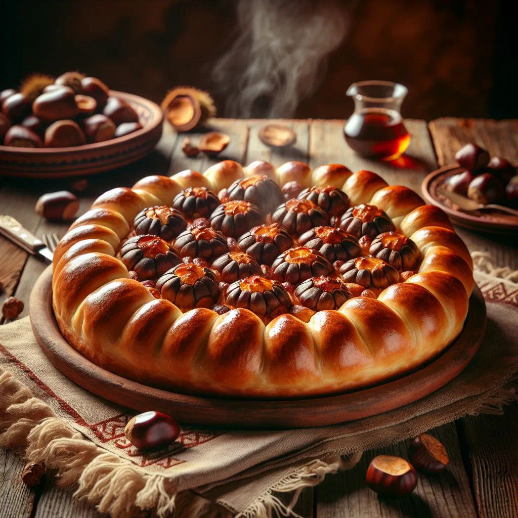 Golden baked Albanian chestnut pastry parcels on a wooden board