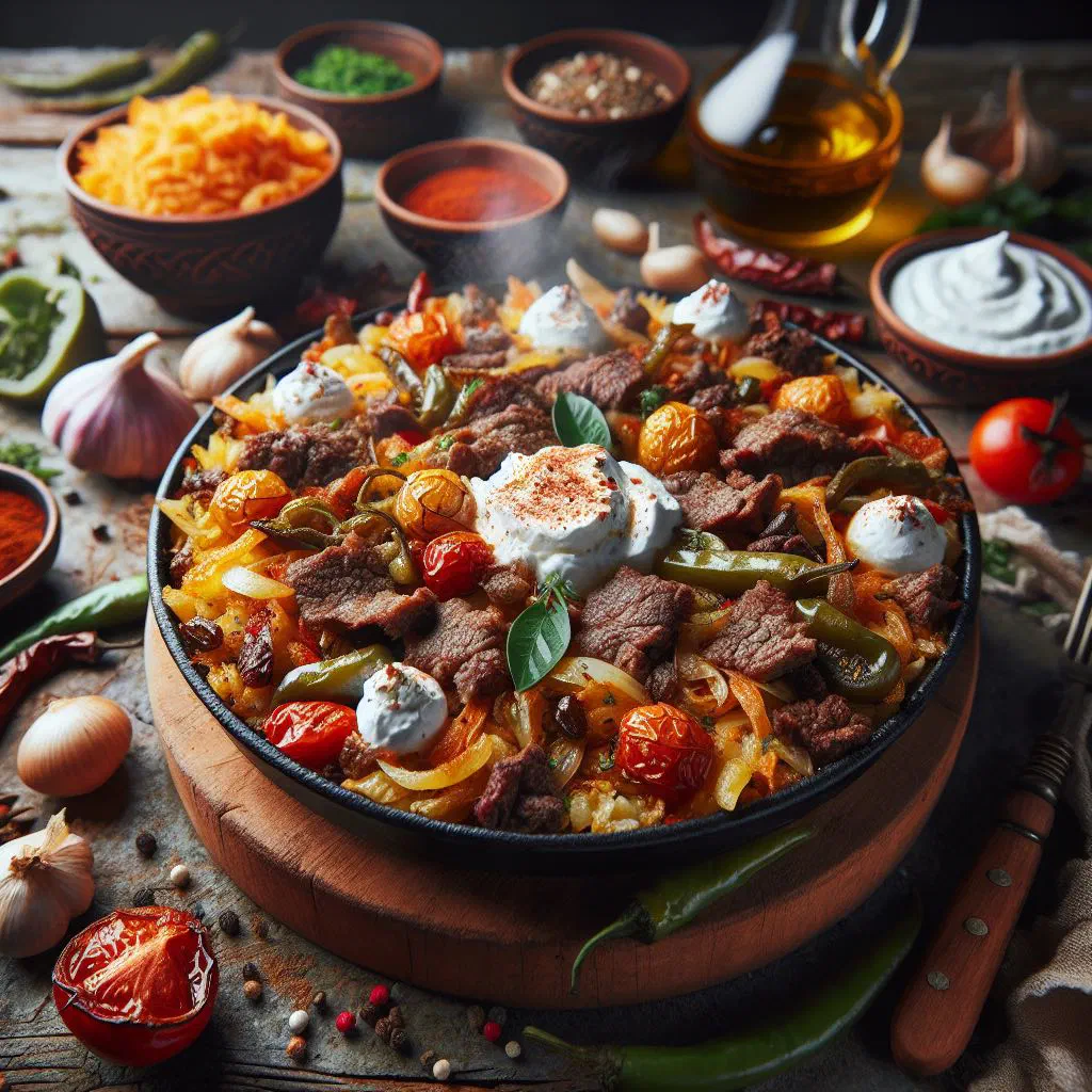 Hearty Albanian main course of braised meat with rice and vegetables
