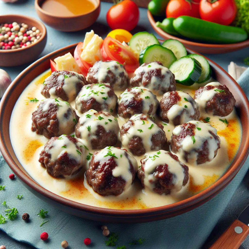 Golden-fried Albanian nettle meatballs served with a yoghurt dip