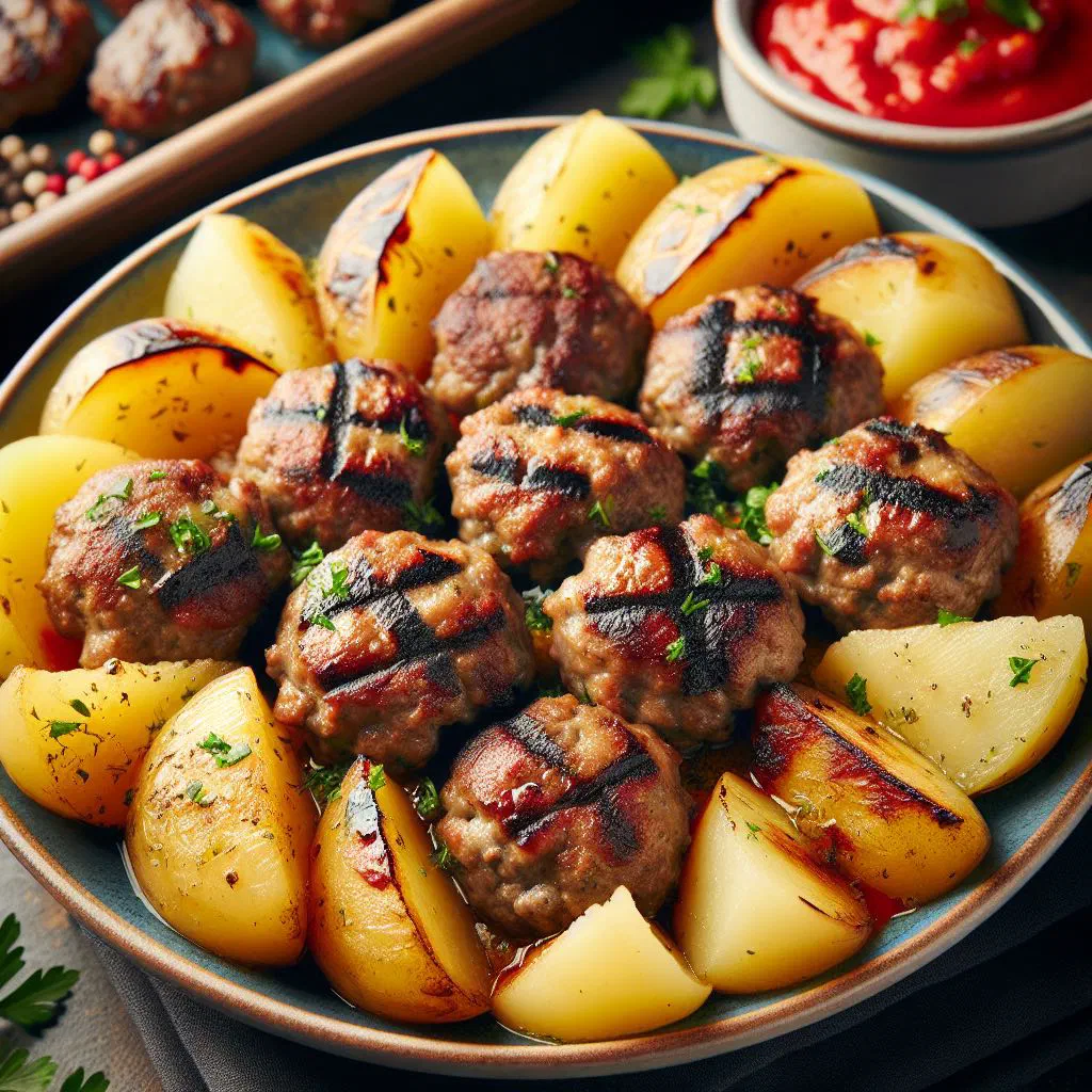 Albanian qofte me patate meatballs with golden fried potatoes on a plate