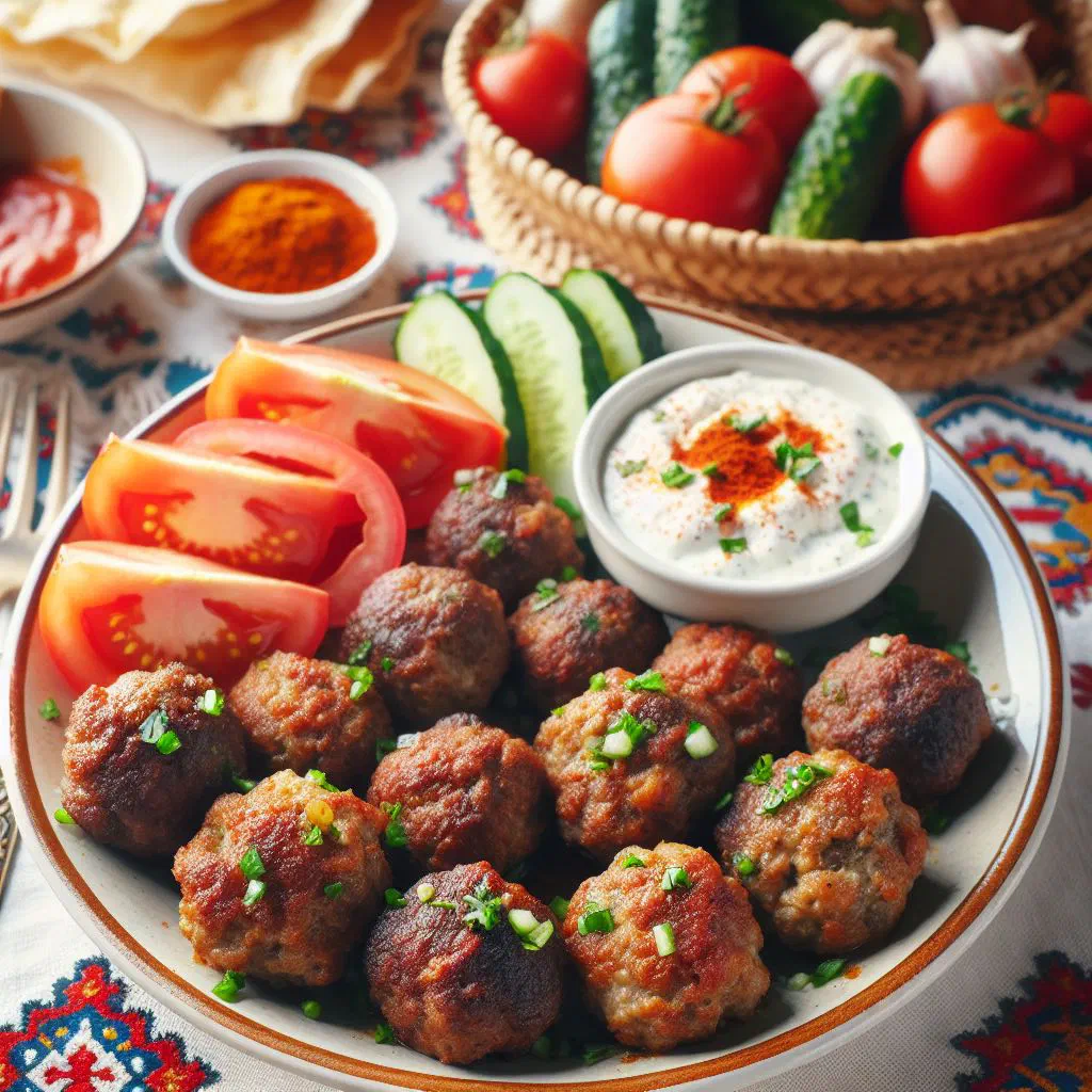Golden fried Albanian meatballs served with fresh herbs and a dip