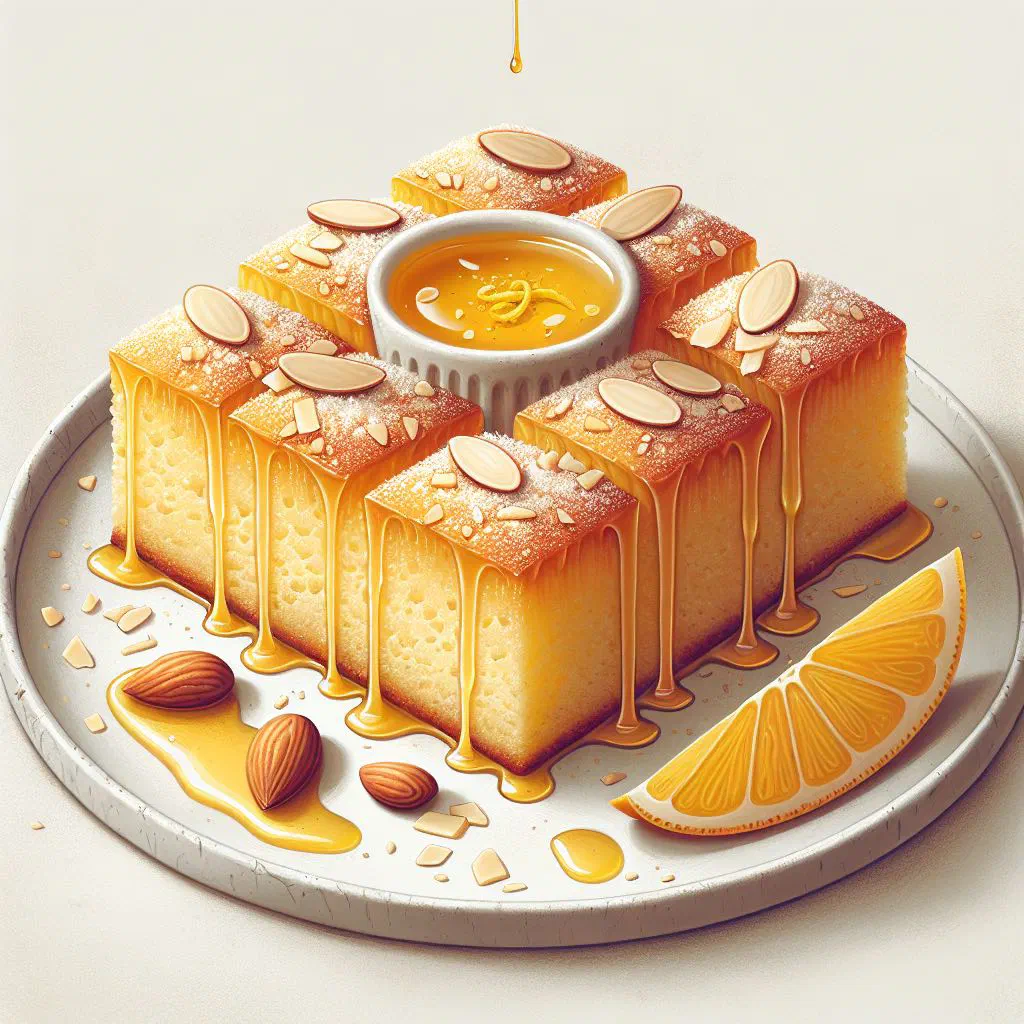 Slices of golden Albanian revani me arra cake soaked in lemon syrup