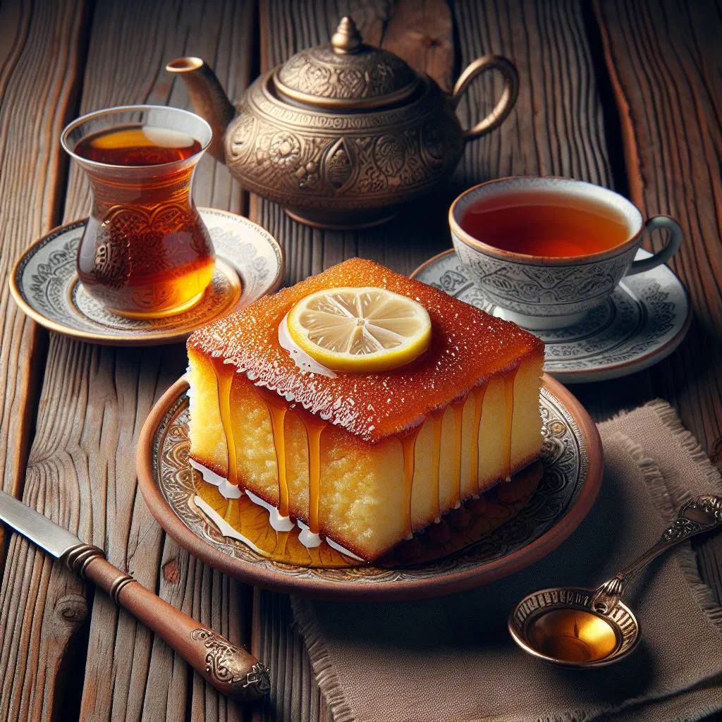 Golden squares of syrup-soaked Albanian revani semolina cake