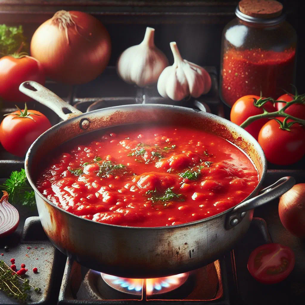 Rich Albanian tomato sauce garnished with fresh herbs in a bowl