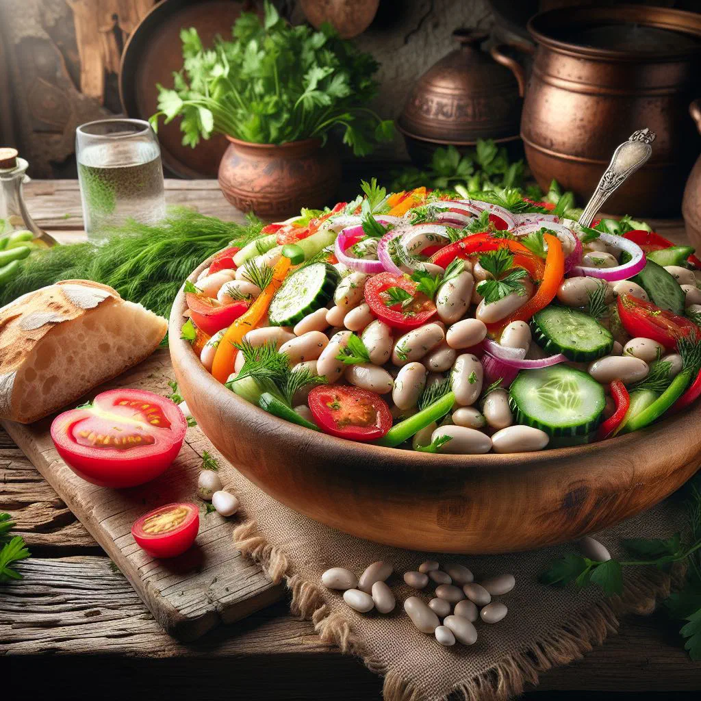 Fresh Albanian green bean salad with tomatoes, peppers and parsley
