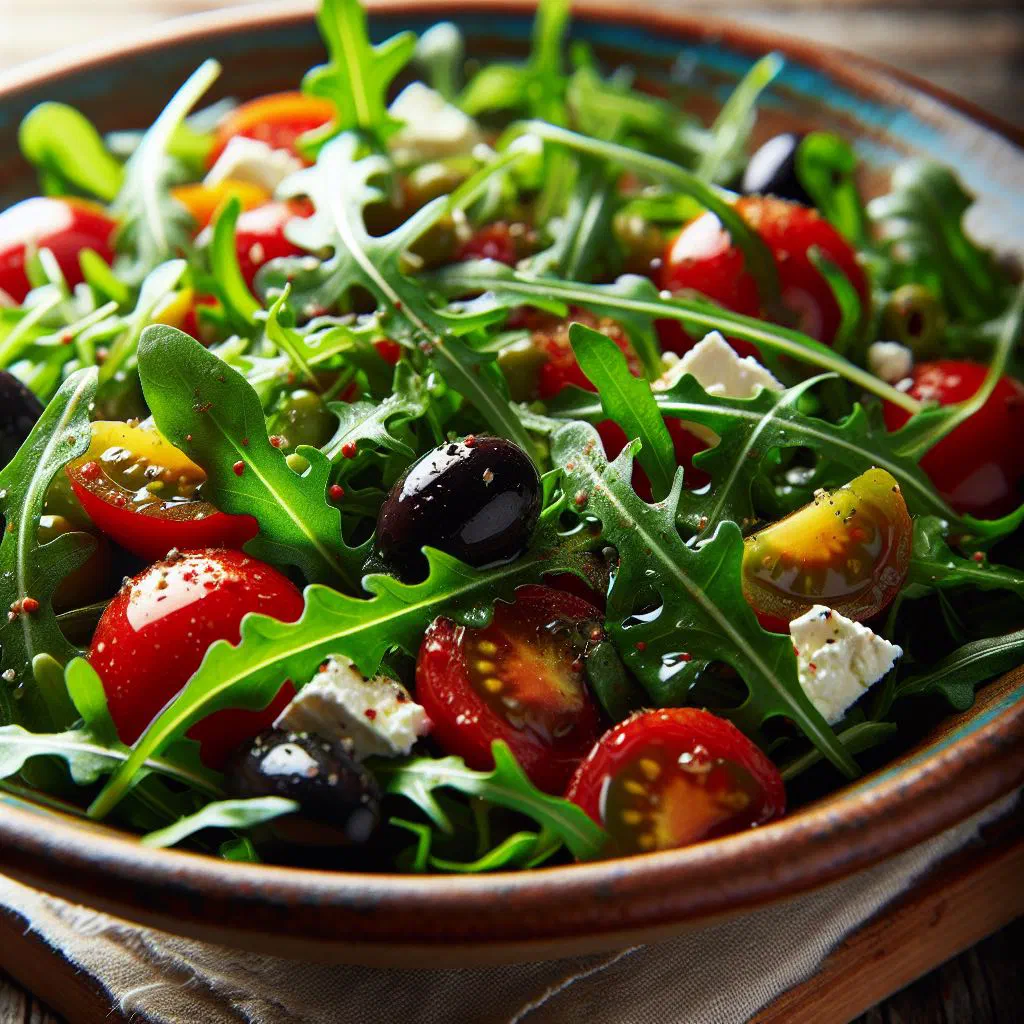 Fresh rocket salad with tomato, cucumber and crumbled feta