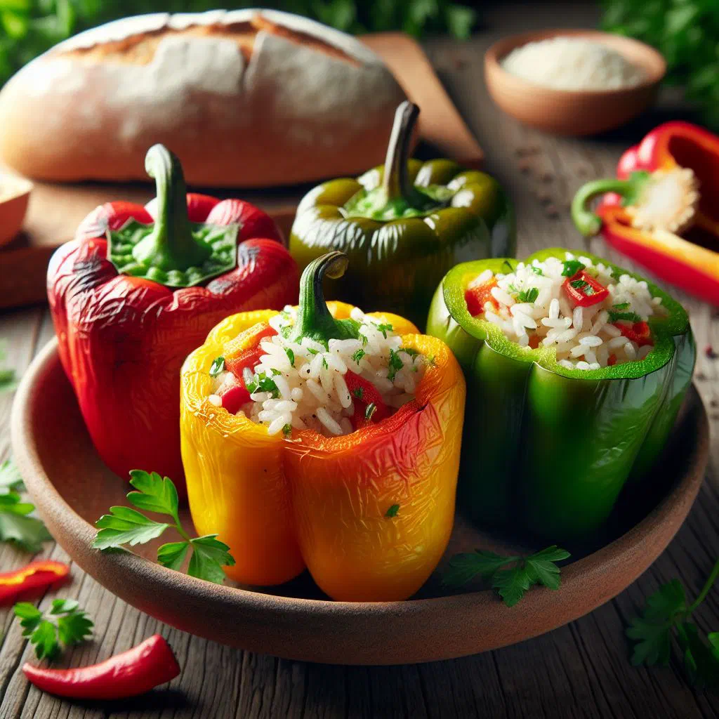 Baked stuffed peppers filled with rice and minced meat