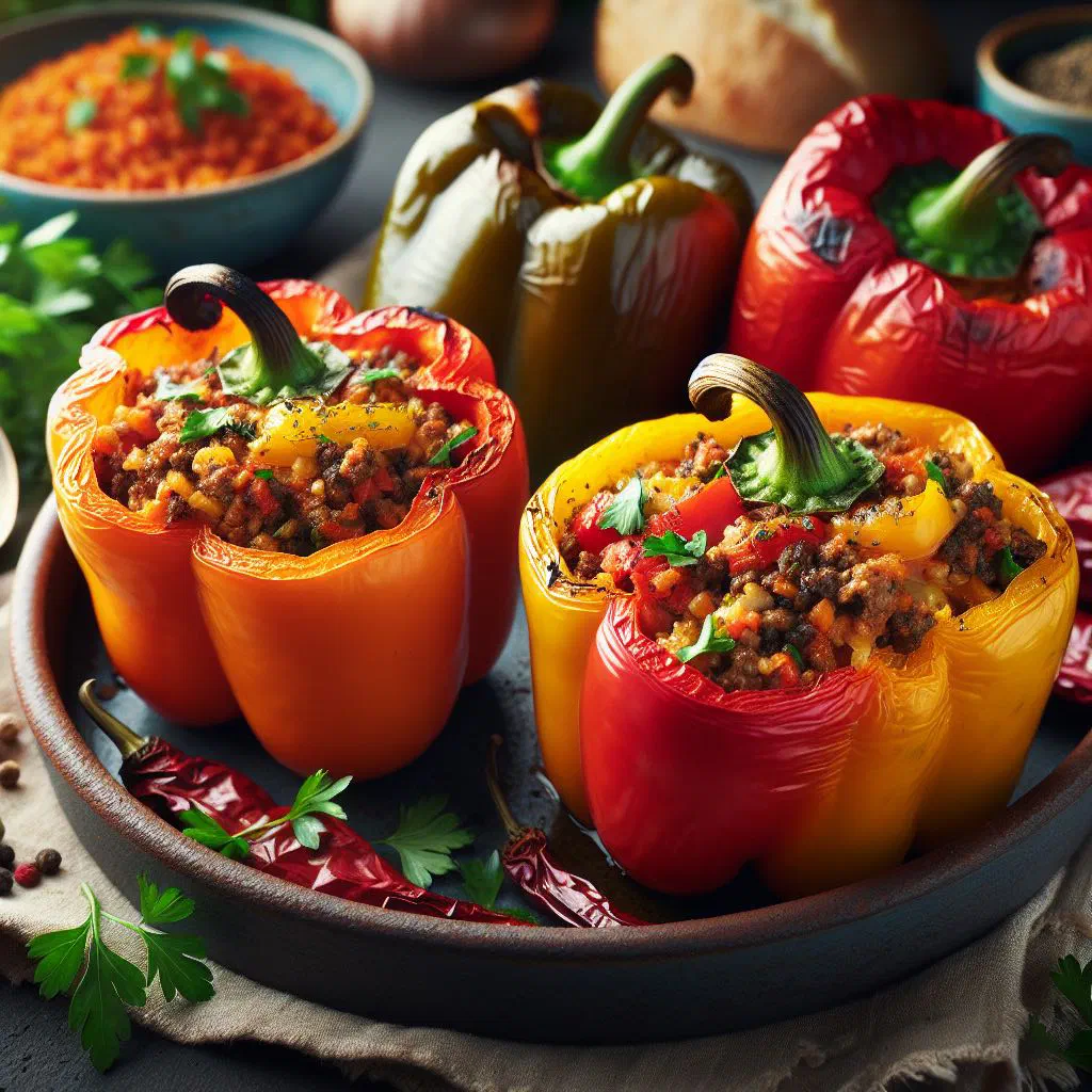 Baked stuffed peppers filled with minced meat and rice in tomato sauce