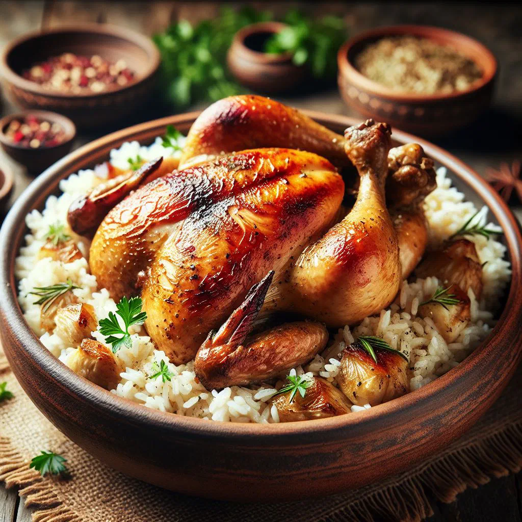 Bowl of Albanian chicken and rice soup garnished with fresh parsley