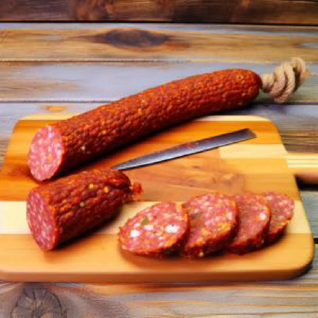Sliced Albanian suxhuk dried sausage on a wooden board