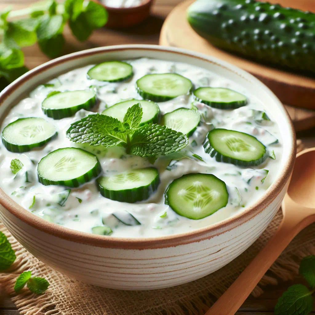 Bowl of chilled Albanian yoghurt and cucumber soup garnished with fresh herbs