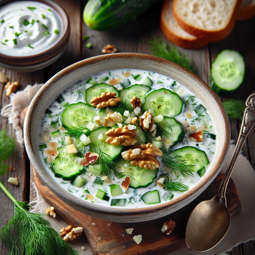 Bowl of chilled Albanian tarator with cucumber, walnuts and fresh herbs