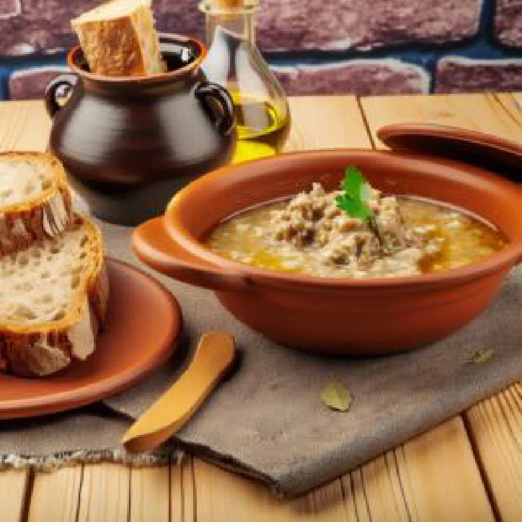 A warming bowl of Trahana e Thate garnished with fresh herbs and olive oil