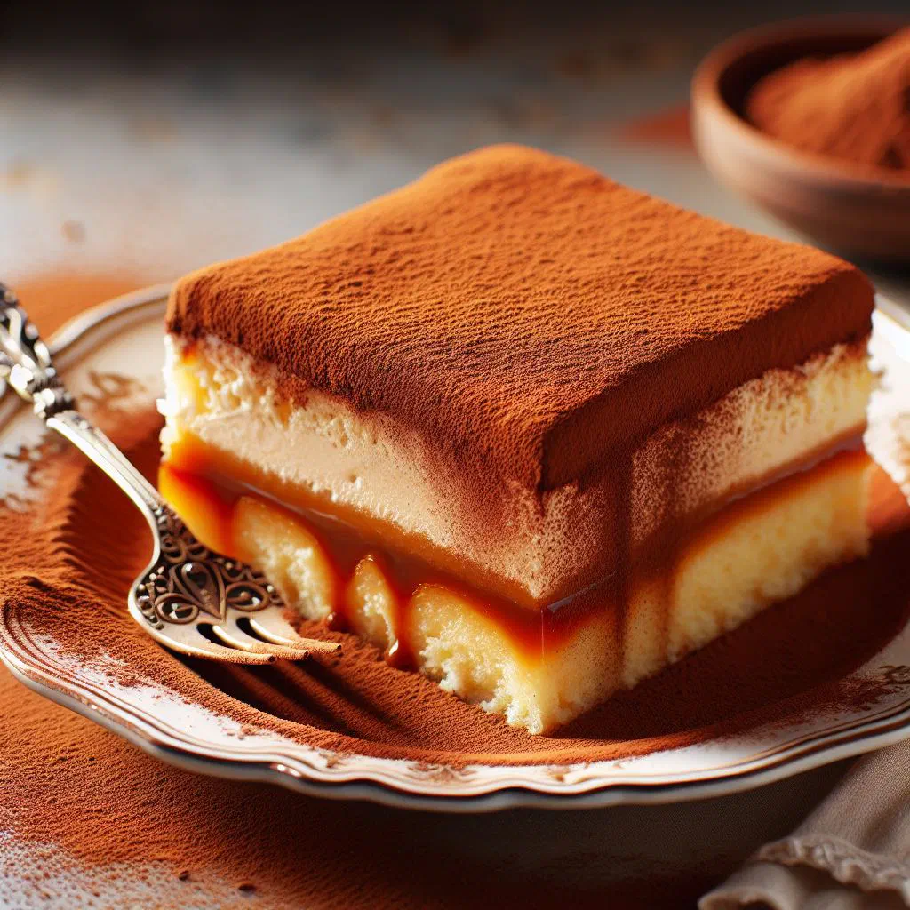 Slice of Albanian trilece me kakao soaked in three milks with a cocoa topping and whipped cream