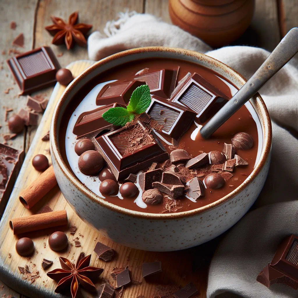 Bowl of Albanian chocolate soup topped with a swirl of cream