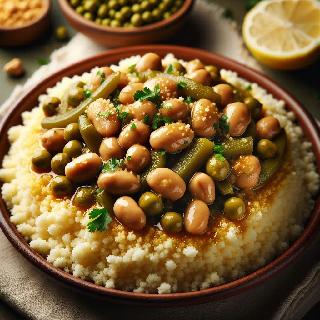 Couscous bel'foul with fava beans, carrots and peppers garnished with fresh herbs