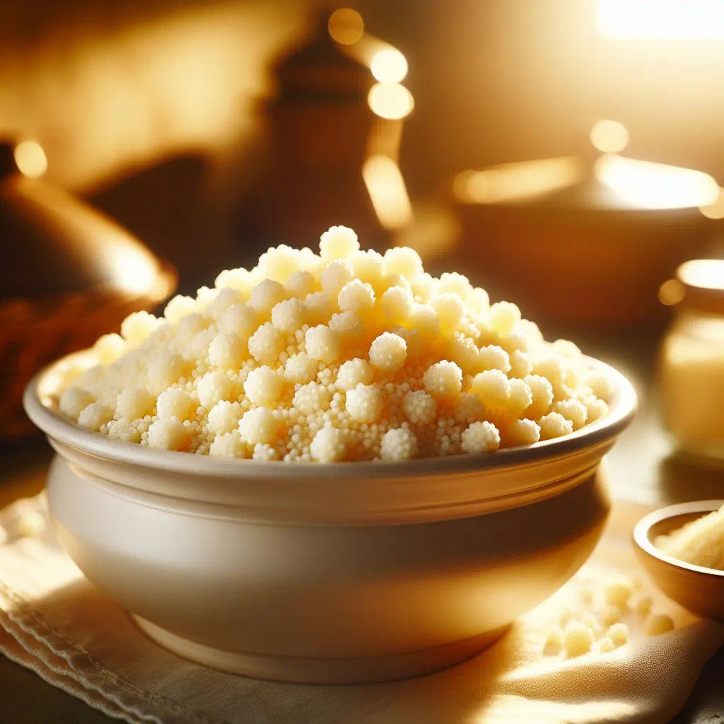Bowl of couscous with warm milk dusted with cinnamon and topped with raisins