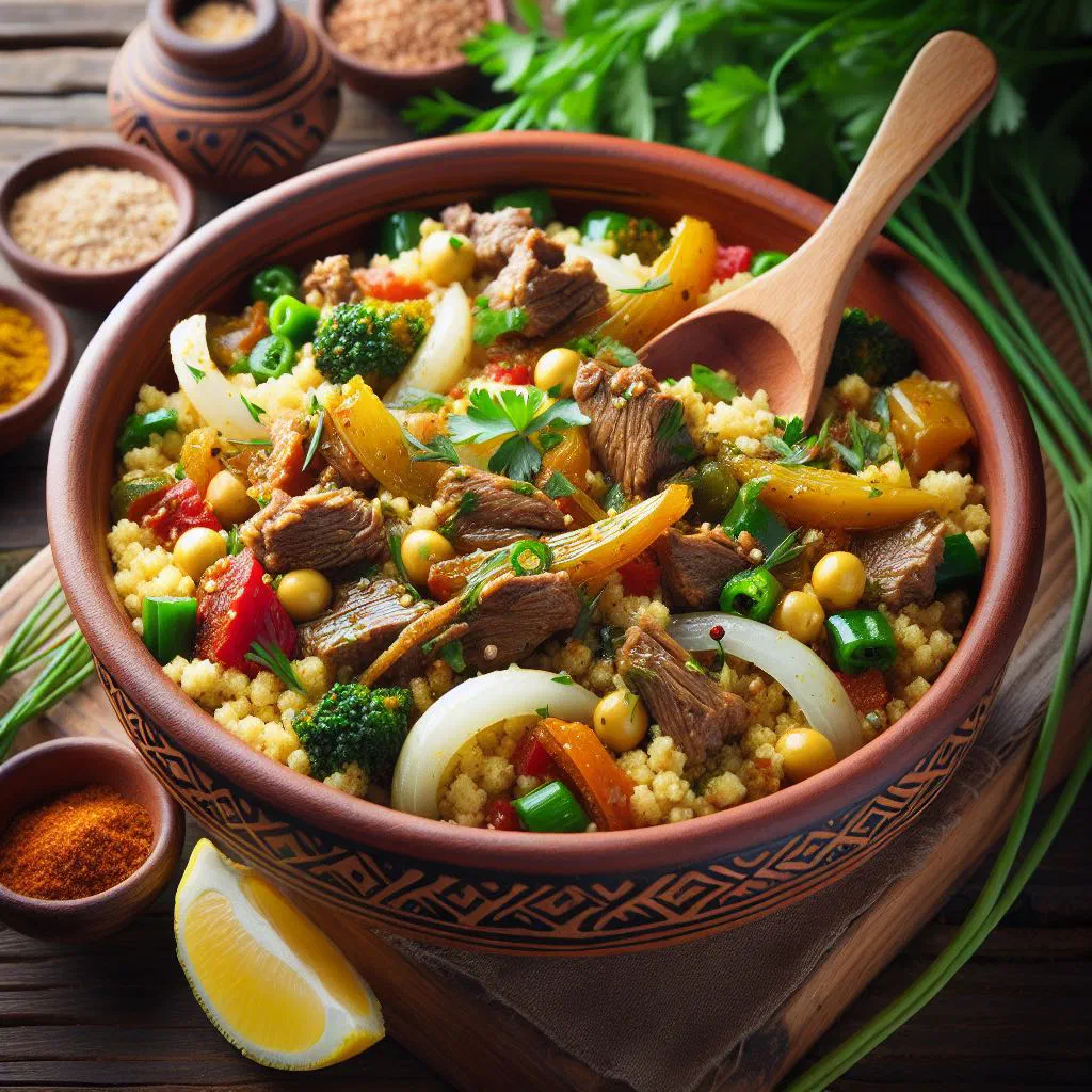 A bowl of frik green wheat simmered with lamb and spices