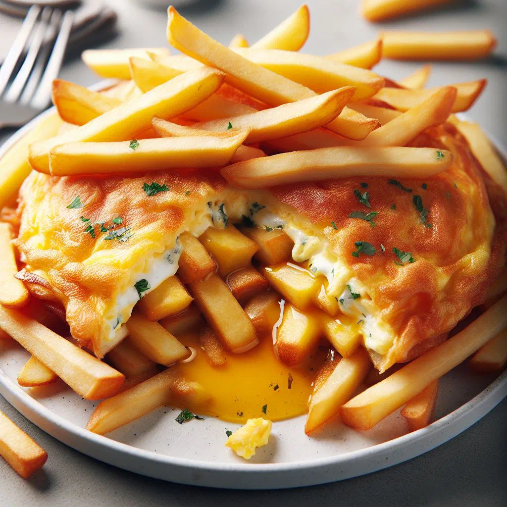Frites omelette with crispy chips and fluffy egg garnished with parsley