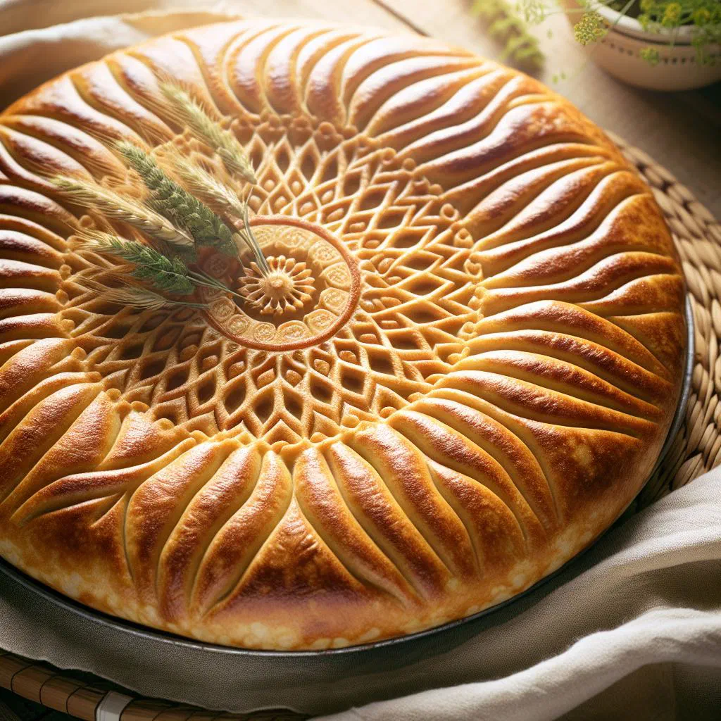Round golden Kabyle semolina flatbread on a rustic wooden board