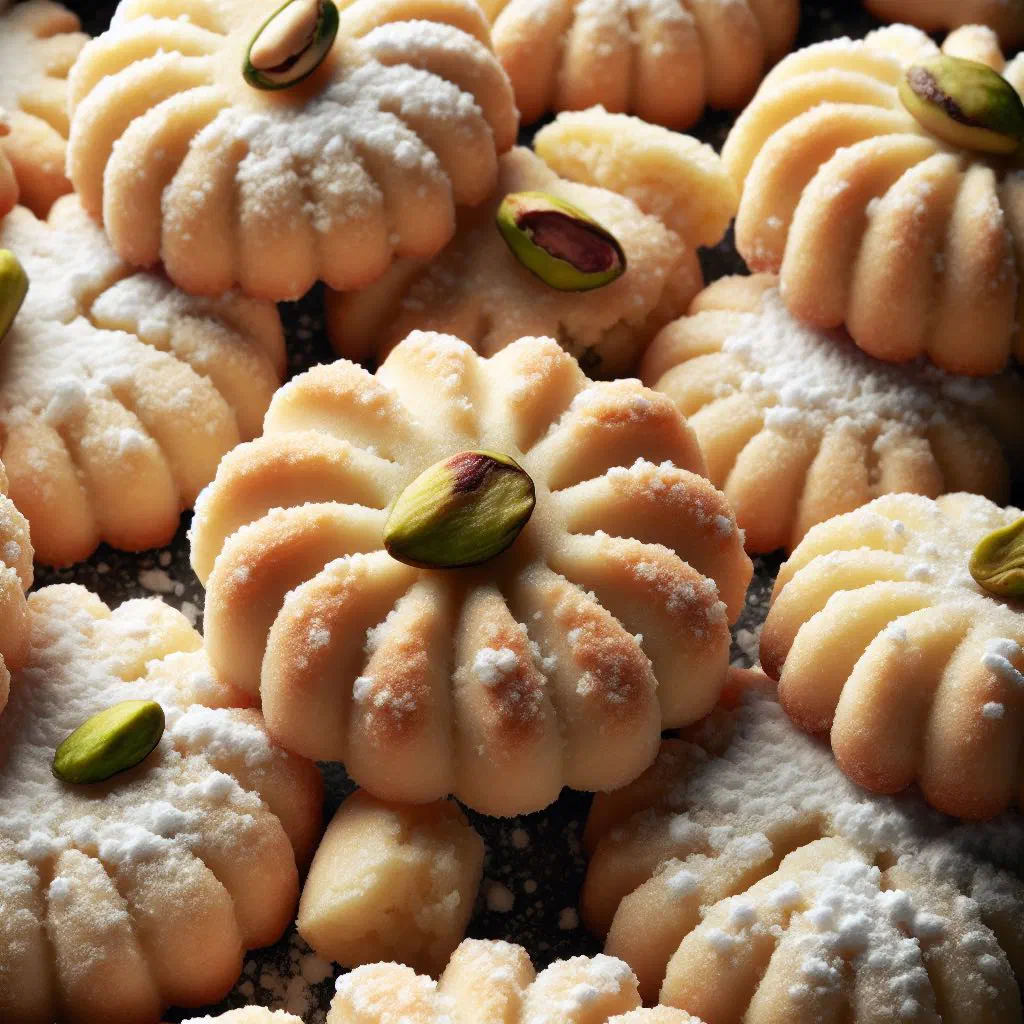 Round Algerian ghraiba biscuits dusted with sugar on a plate