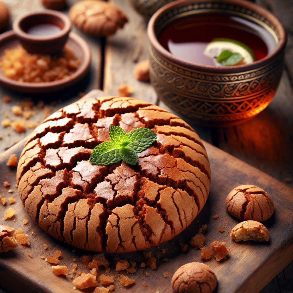 Round almond ghriba biscuits topped with a whole almond, dusted with icing sugar