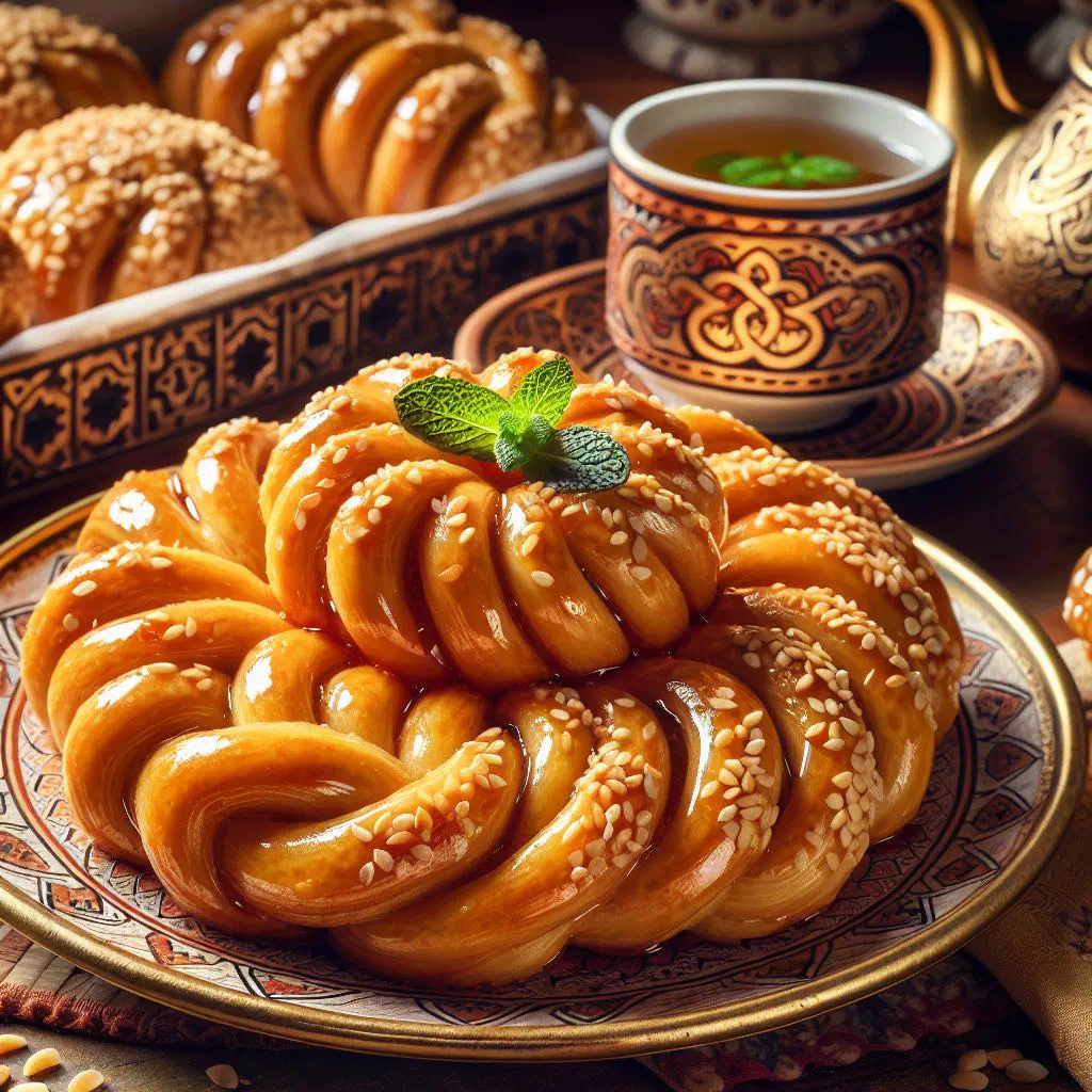 Golden honey-glazed griwech pastries sprinkled with sesame seeds