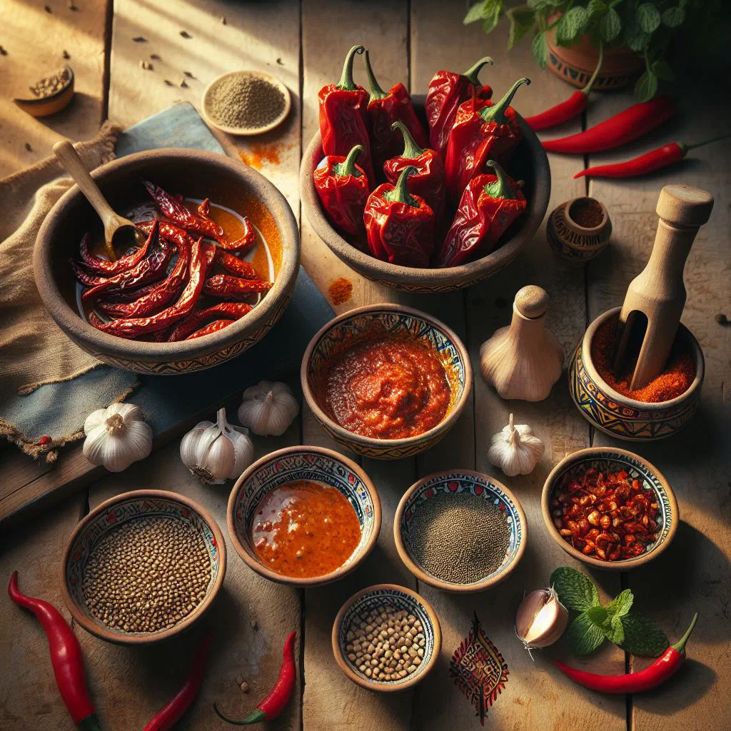 Bowl of deep red harissa chilli paste drizzled with olive oil