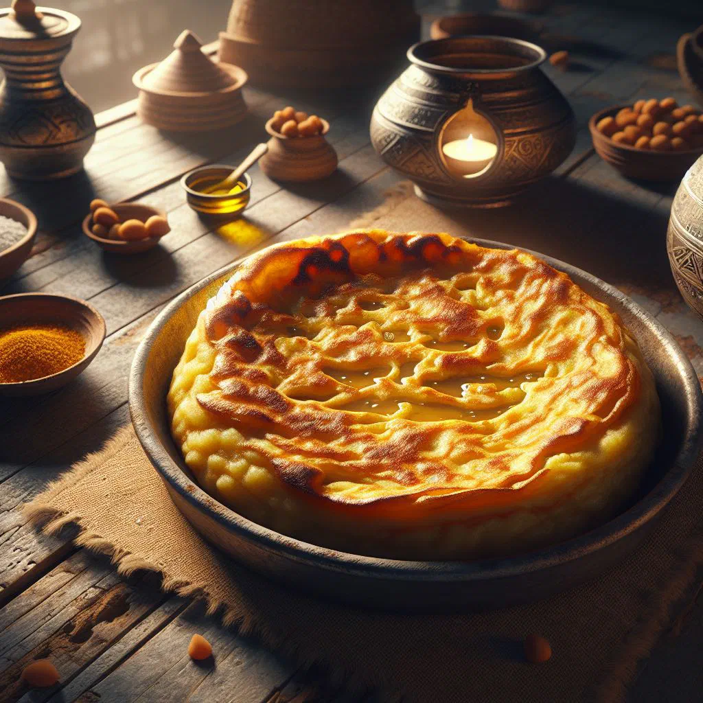 Golden baked karantita chickpea flan garnished with fresh parsley