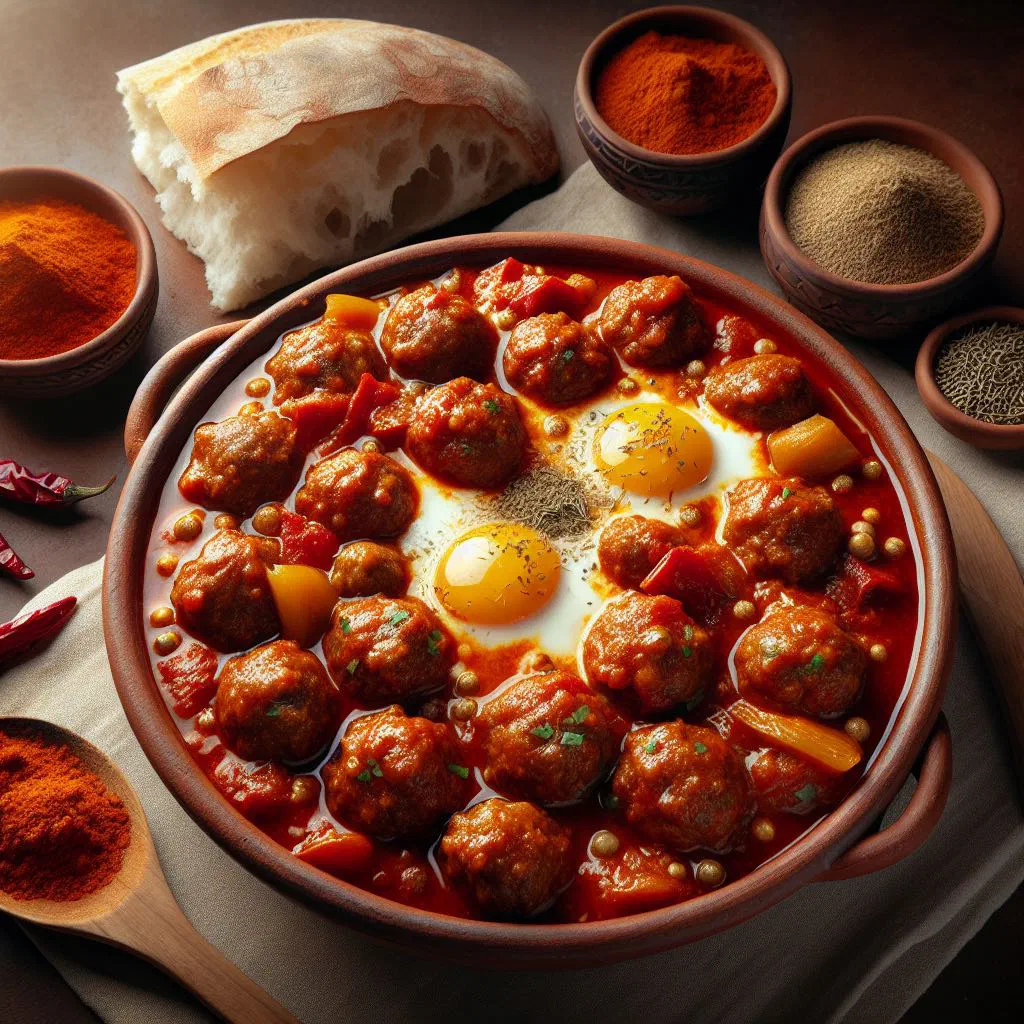Spiced meatballs simmering in a rich tomato sauce, garnished with fresh coriander