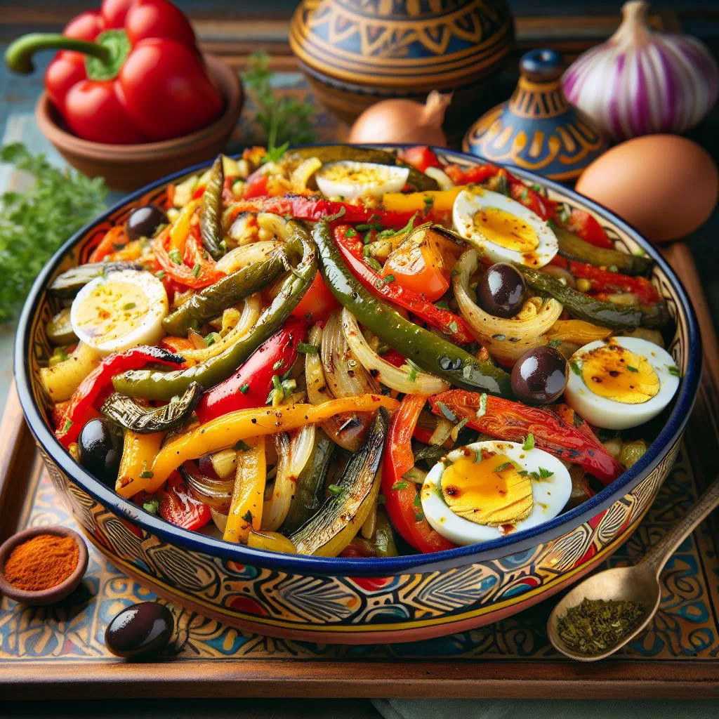 Grilled pepper and tomato mechouia salad dressed with olive oil and herbs