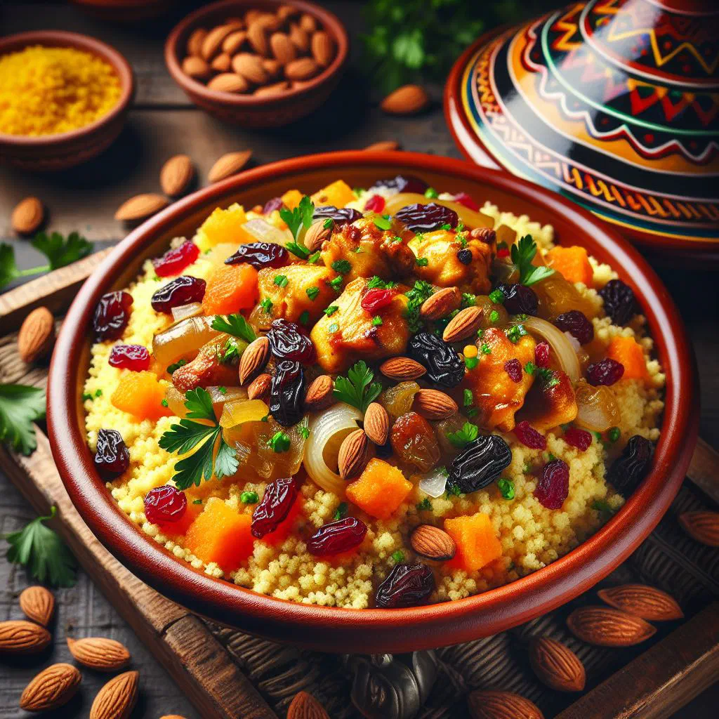 Sweet couscous mesfouf topped with raisins, almonds and cinnamon