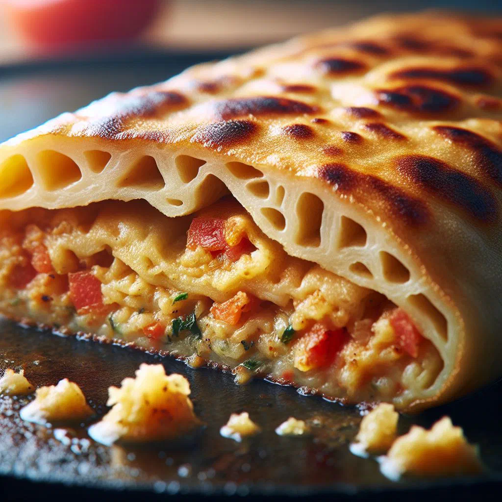 Folded Algerian mhadjeb flatbreads filled with spiced tomato and onion
