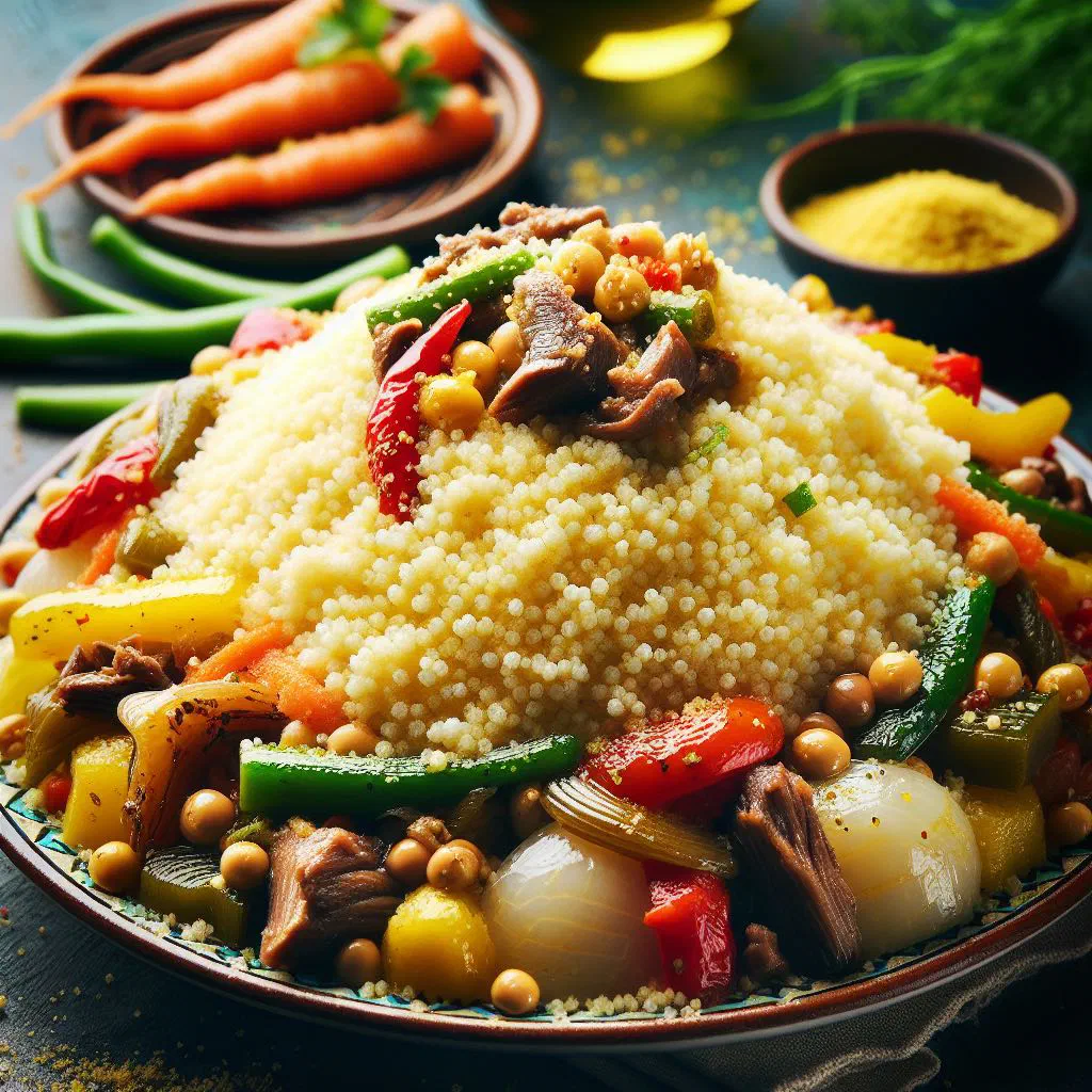 A bowl of Algerian mhamsa garnished with fresh herbs