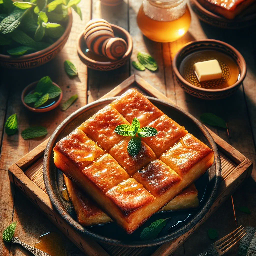 Golden layered msemen flatbreads folded into squares on a plate