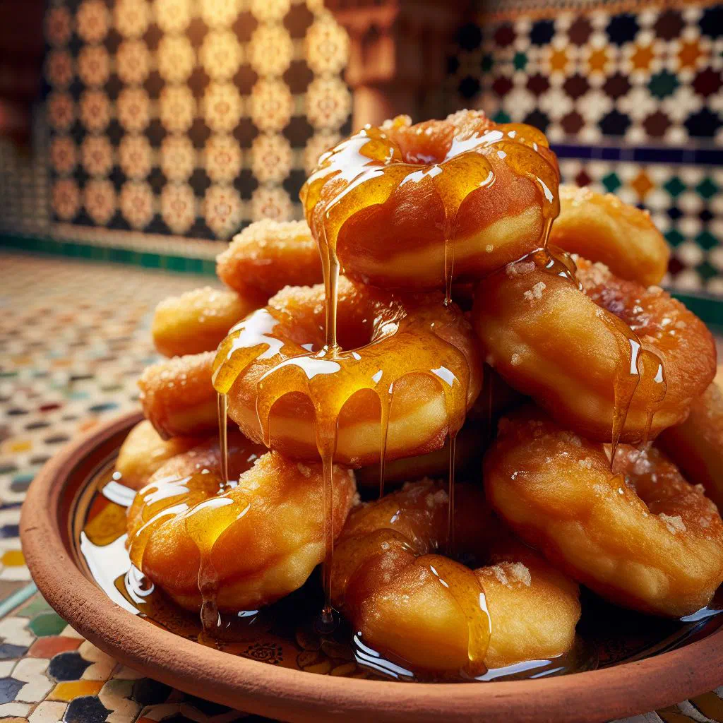 Golden fried Algerian sfenj doughnuts drizzled with honey