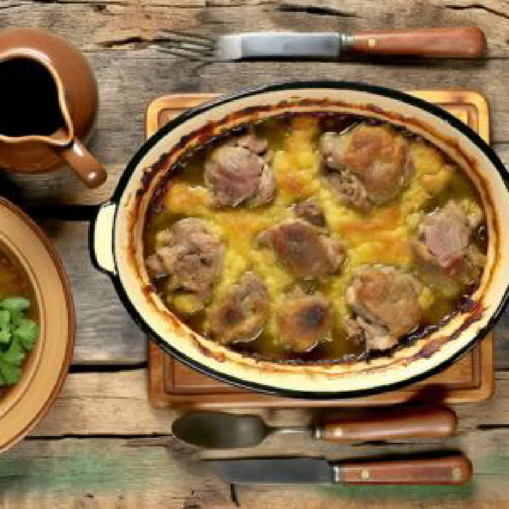 Bowl of Algerian sfiriya stew with tender meat, vegetables and fresh herbs